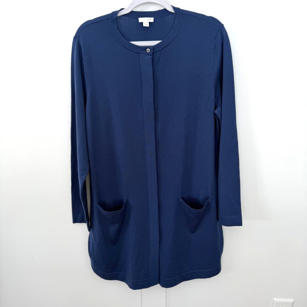 J. Jill Blue Long Line Cardigan Sweater Long Sleeve Hidden Buttons Pockets Large